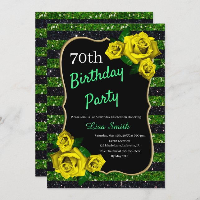Birthday Green Black Stripes Glitter Yellow Roses Invitation (Front/Back)