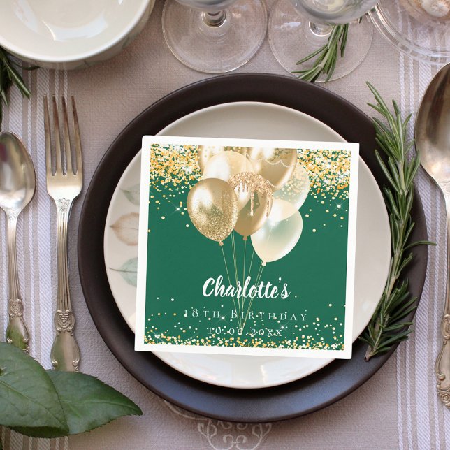 Birthday green gold balloons confetti napkin (Creator Uploaded)