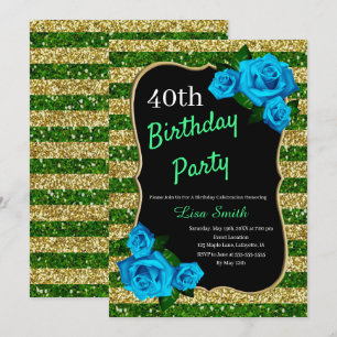 Birthday Green Gold Stripes Glitter Blue Roses Invitation