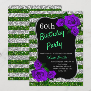 Birthday Green Silver Stripes Glitter Purple Roses Invitation