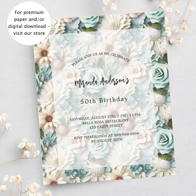 Birthday green white floral budget invitation (Creator Uploaded)