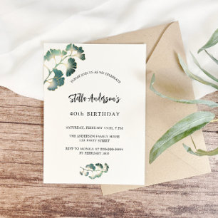 Birthday greenery ginkgo white script elegant invitation