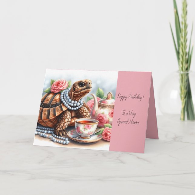 Birthday Greeting Card with Tortoise Tea Party (Front)