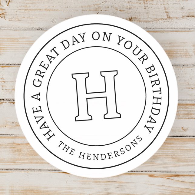 Birthday Greeting Chic Modern Family Monogram Classic Round Sticker (Creator Uploaded)