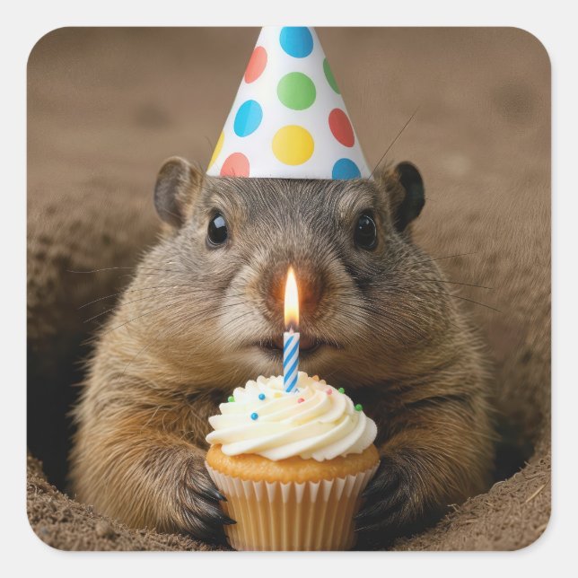 Birthday Groundhog with a Cupcake Square Sticker (Front)