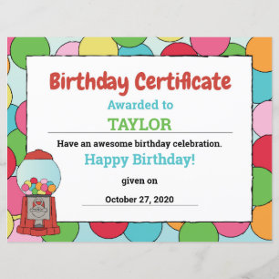 Birthday Gumball Theme Party Gumball Certificate