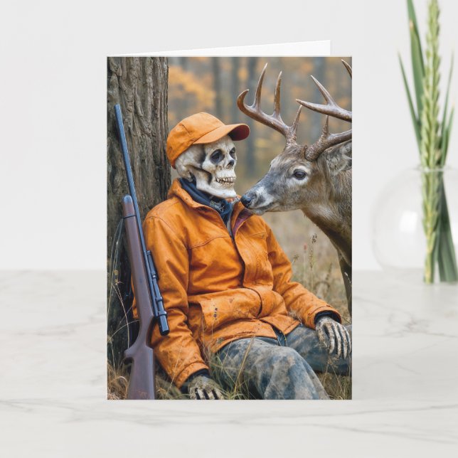 Birthday Halloween Hunter Skeleton With a Buck Card (Front)