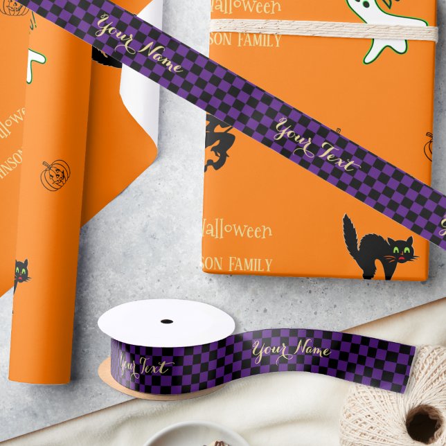 Birthday Halloween Purple Black Chequered Pattern Satin Ribbon (Birthday Halloween Purple Black Checkered Pattern Satin Ribbon)