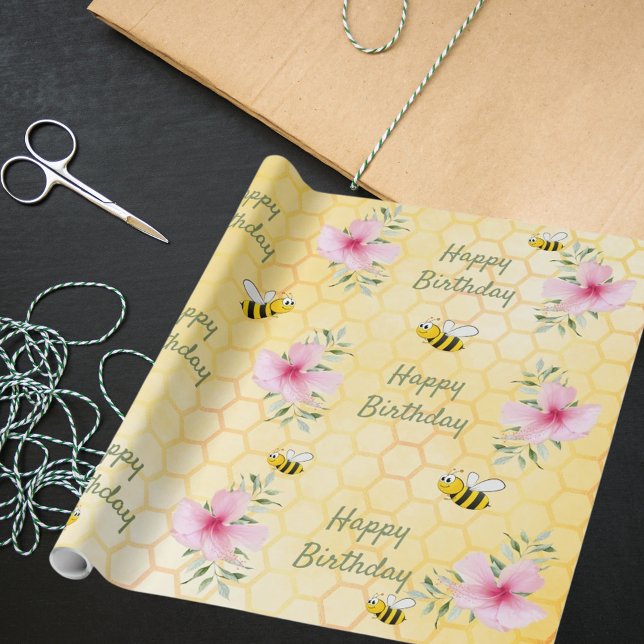 Birthday happy bumble bees honeycomb florals wrapping paper (Creator Uploaded)