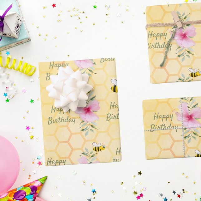 Birthday happy bumble bees honeycomb florals wrapping paper sheet (Creator Uploaded)