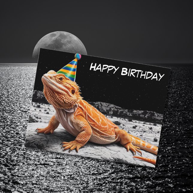 Birthday hat wearing bearded dragon birthday postcard (Creator Uploaded)
