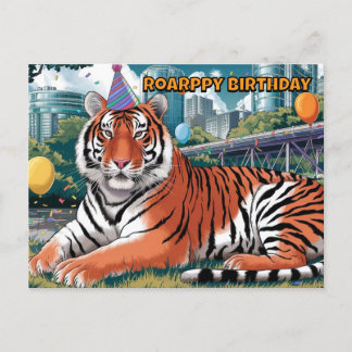 birthday hat wearing bengal tiger laying down postcard