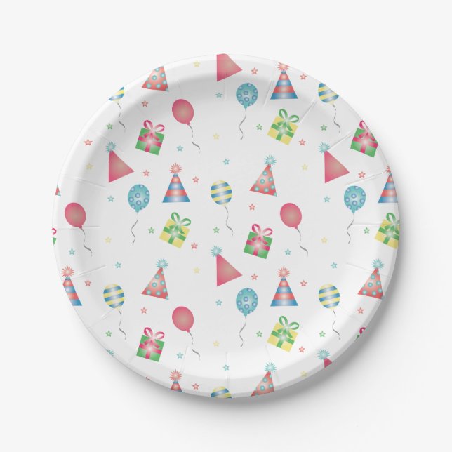 Birthday Hats Balloons Presents Pattern Colourful Paper Plate (Front)