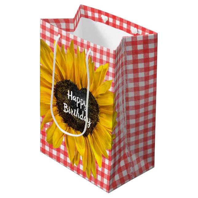 Birthday Heart Sunflower On Gingham Medium Gift Bag (Front Angled)