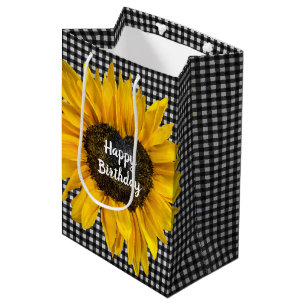 Birthday Heart Sunflower On Gingham  Medium Gift Bag