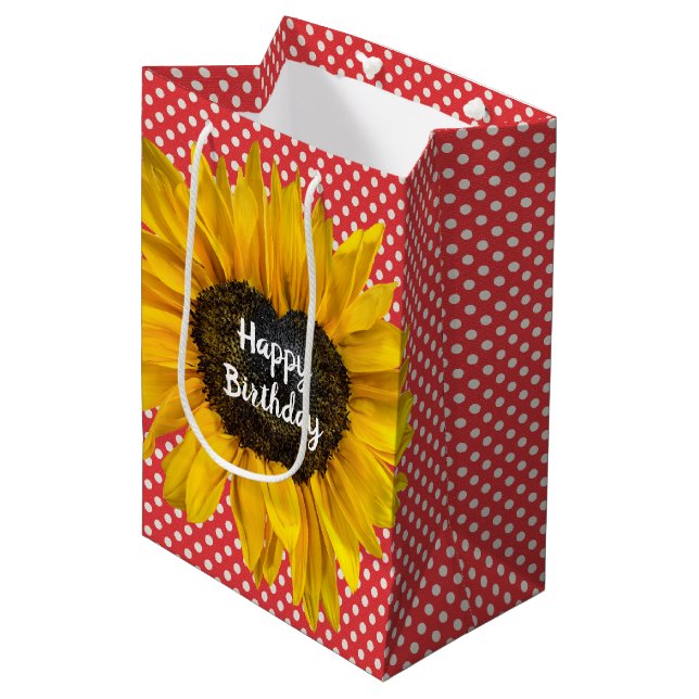 Birthday Heart Sunflower On Polka Dots Medium Gift Bag (Front Angled)
