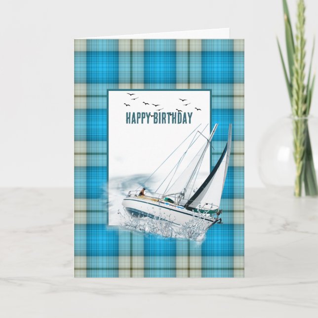 Birthday Heeling Sailboat On Plaid Card (Front)