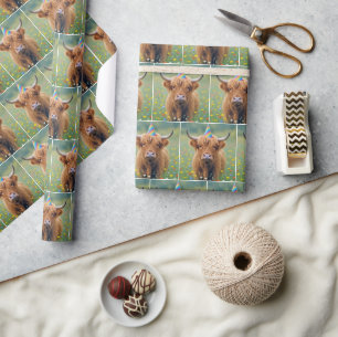 Birthday Highland Cow with Party Hat Wrapping Paper