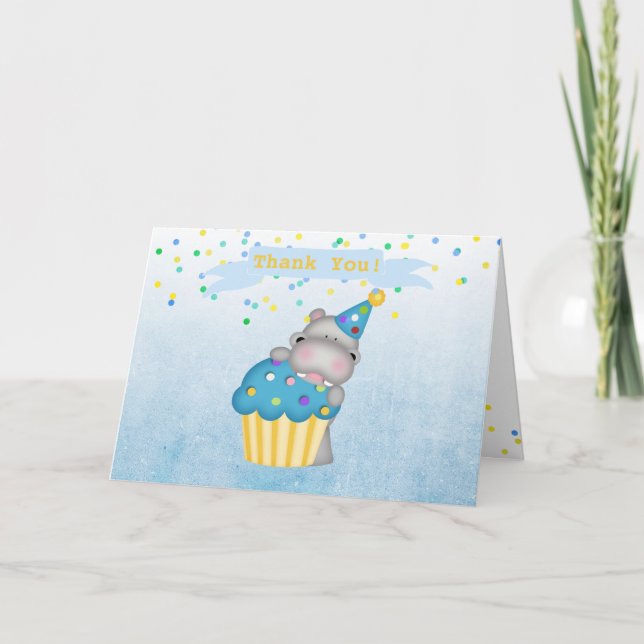 Birthday Hippo Blue Confetti Thank You Note Card (Front)