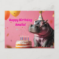 Birthday Hippo with Cake and Balloons