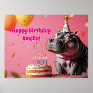 Birthday Hippo with Cake and Balloons Poster