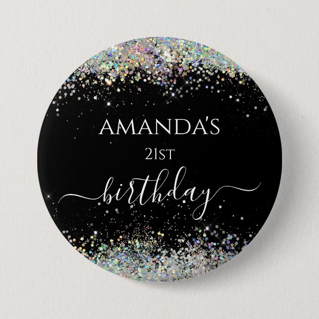 Birthday holographic glitter custom name black 7.5 cm round badge (Front)