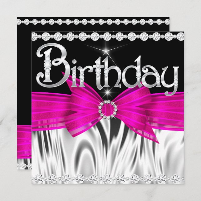 Birthday  Hot Pink Bow Black Silver Party Invitation (Front/Back)