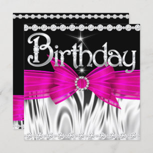 Birthday Hot Pink Bow Black Silver Party Invitation