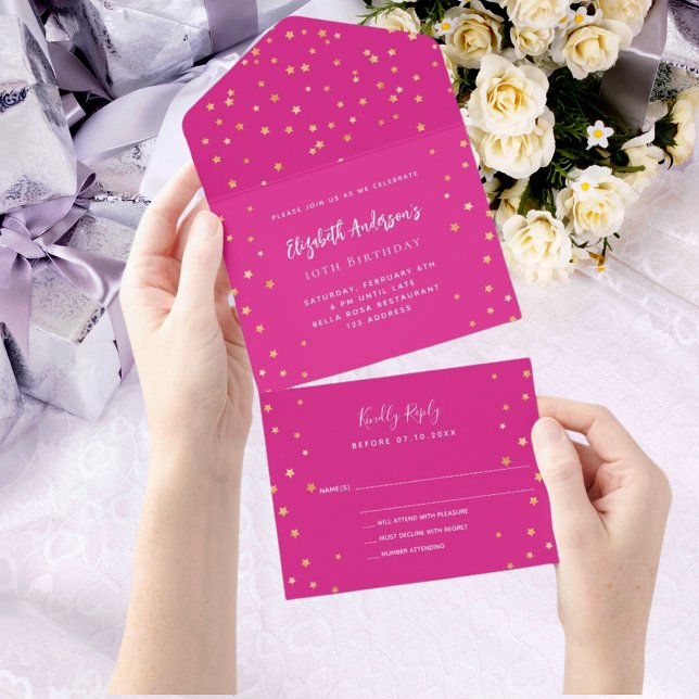 Birthday hot pink gold stars RSVP All In One Invitation (Creator Uploaded)