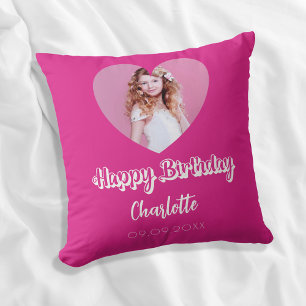 Birthday hot pink photo name script girl cushion