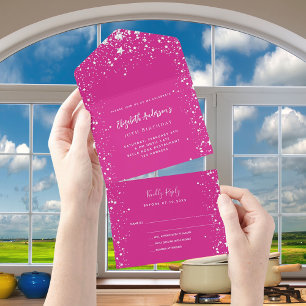 Birthday hot pink white stars RSVP All In One Invitation