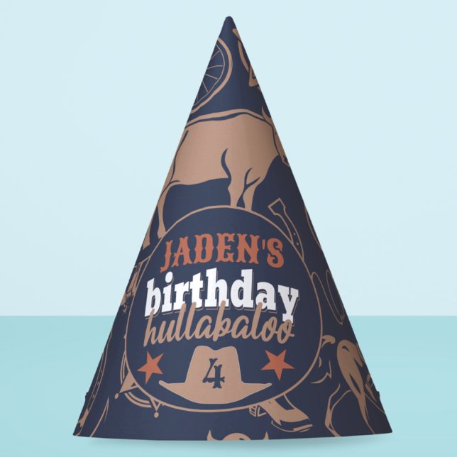"Birthday Hullabaloo" Western Cowboy Birthday Party Hat (birthday hullabaloo birthday party hat cowboy Wild West Country western theme custom name and age)