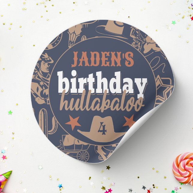 "Birthday Hullabaloo" Western Cowboy Party Classic Round Sticker (cowboy Wild West birthday hullabaloo kids birthday party blue orange tan custom name and age)
