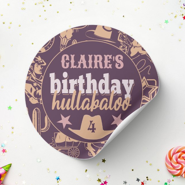 "Birthday Hullabaloo" Western Cowboy Party Classic Round Sticker (birthday hullabaloo sticker purple and orange Wild West Country cowgirl birthday party custom name )