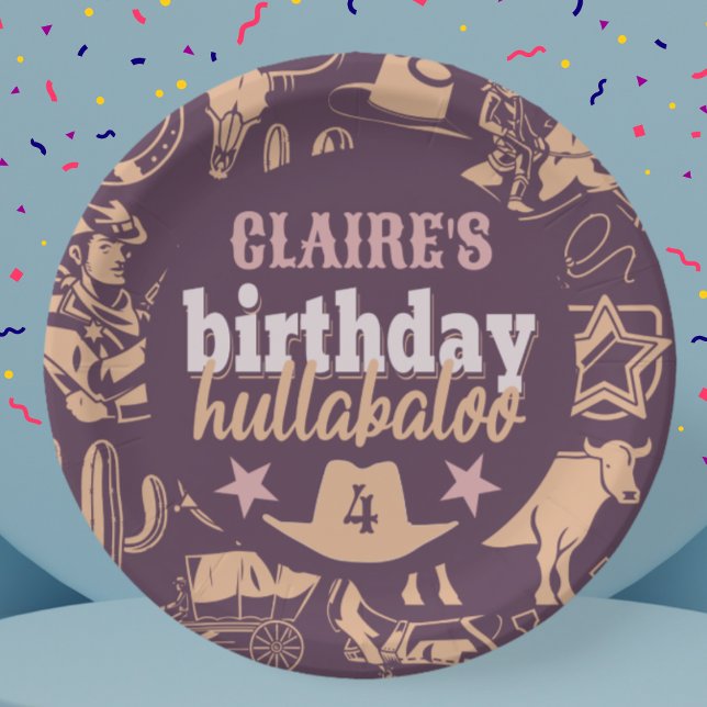 "Birthday Hullabaloo" Western Cowboy Party Paper Plate (birthday hullabaloo plates western cowboy theme with custom name and age purple orange pink colors)