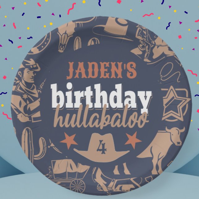 "Birthday Hullabaloo" Western Cowboy Party Paper Plate (birthday hullabaloo cowboy plate western Wild West theme blue orange tan white colors custom name)