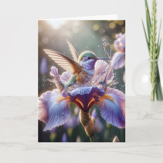 Birthday Hummingbird In an Iris Blossom Card (Front)