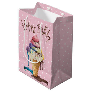 Birthday Ice Cream Cone On Polka Dots Medium Gift Bag