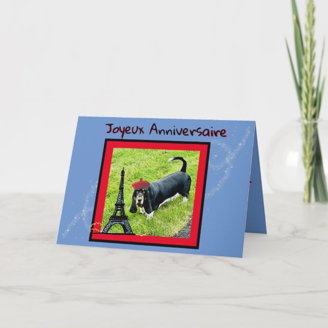 Birthday In French W/Basset, Beret, Eiffel Tower Card (Front)