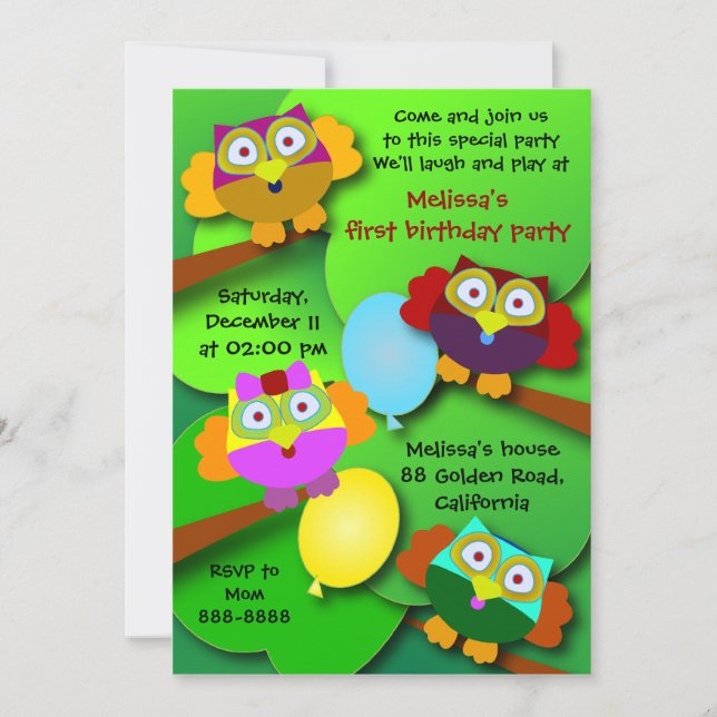 Birthday invitation 030G: Owls (Front)