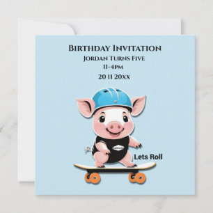 Birthday Invitation Baby Pig Skateboarding,