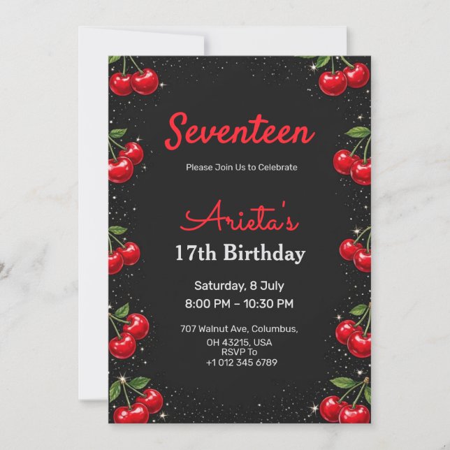 Birthday invitation black back in cherries theme (Front)