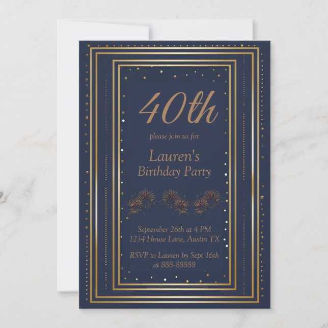 Birthday Invitation Elegant Navy Blue 40th Gold (Front)