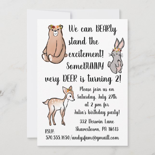Birthday invitation - flowers, bear, bunny, deer (Front)