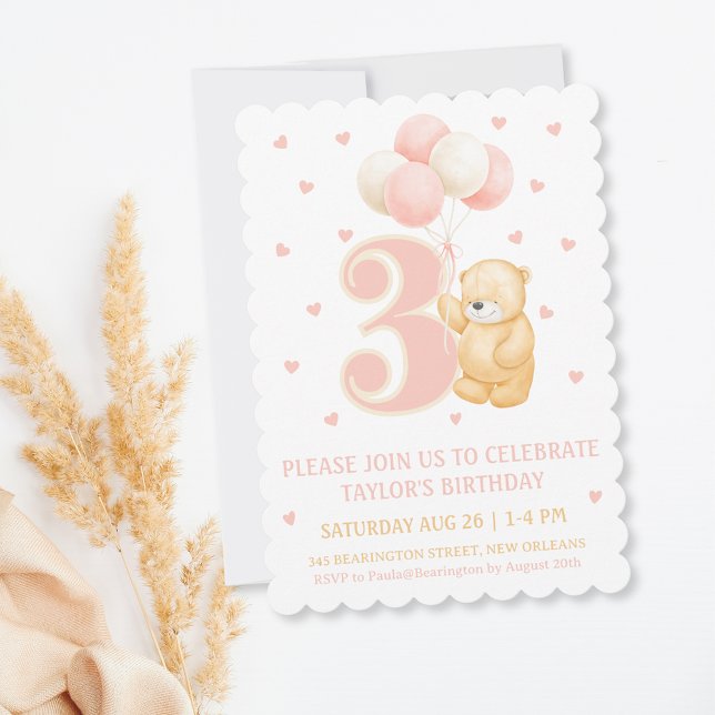 Birthday invitation Girl 3 years Pink Bear Balloon (Cute Third Birthday invitation Teddy Bear and Balloons Whisical Pink theme with hearts
)