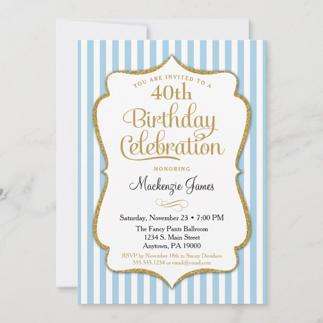 Birthday Invitation Light Blue Gold Adult Teen (Front)