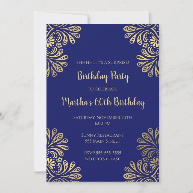 Birthday invitation navy blue gold any age (Front)