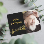 Birthday invitation photo black for guys<br><div class="desc">Black background with golden music notes. With the text: 70th (or any age) Birthday! on front. Template for your photo.  A birthday party invitation for men.

Add your event details on back.</div>