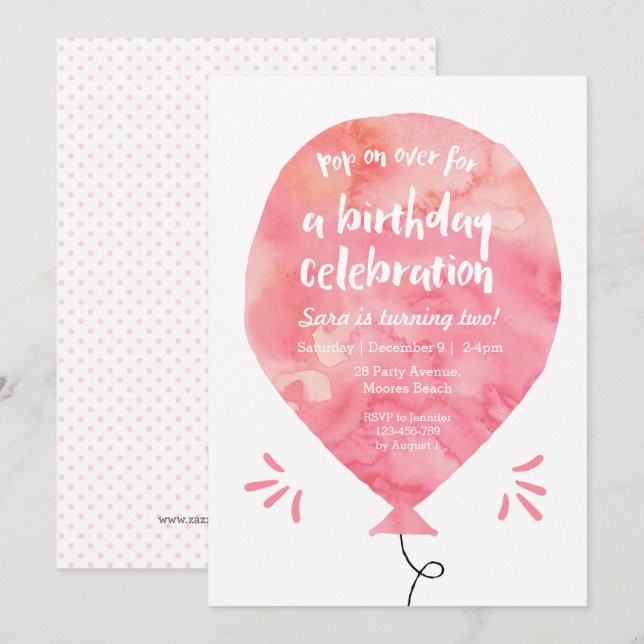 Birthday Invitation | Pink Watercolour Balloon (Front/Back)