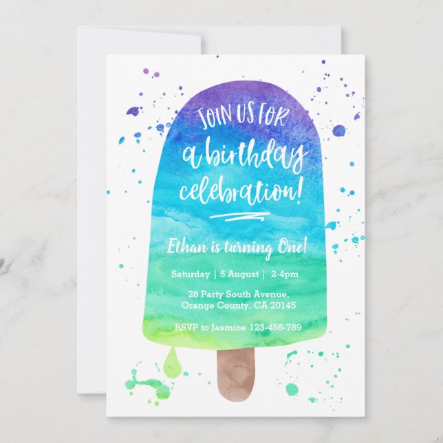 Birthday Invitation | Rainbow Watercolour Popsicle (Front)